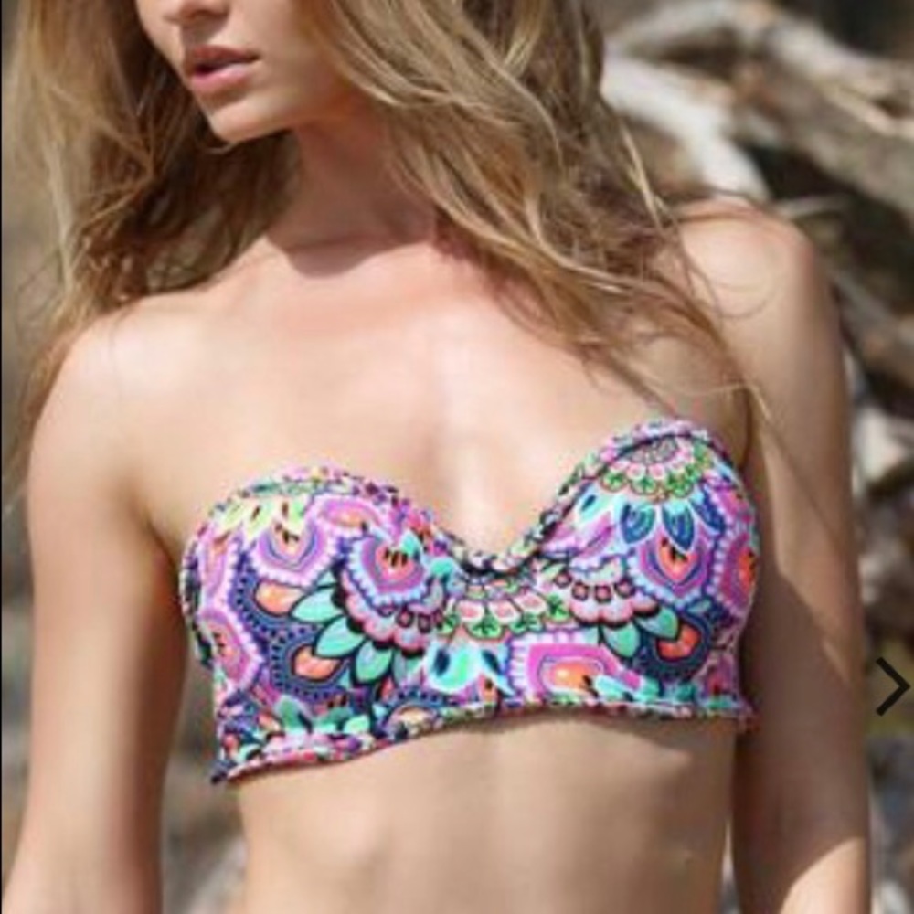 Strapless bright floral strappy bikini top NWT